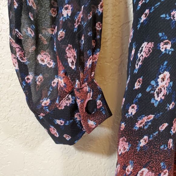 BCBGeneration Long Sleeve V Neck Floral Ombre Semi-Sheer Fall Button Up Romper - Picture 5 of 10